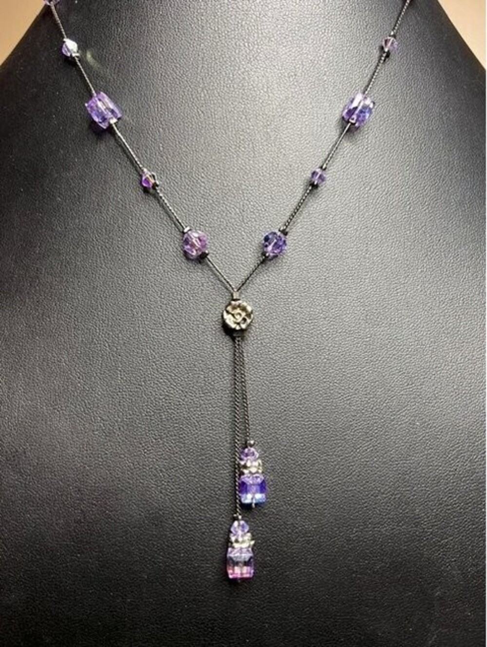 B6075 Dabby Reid Purple Faceted Bead Y-Necklace Lariat  Gunmetal Tone 18-21"